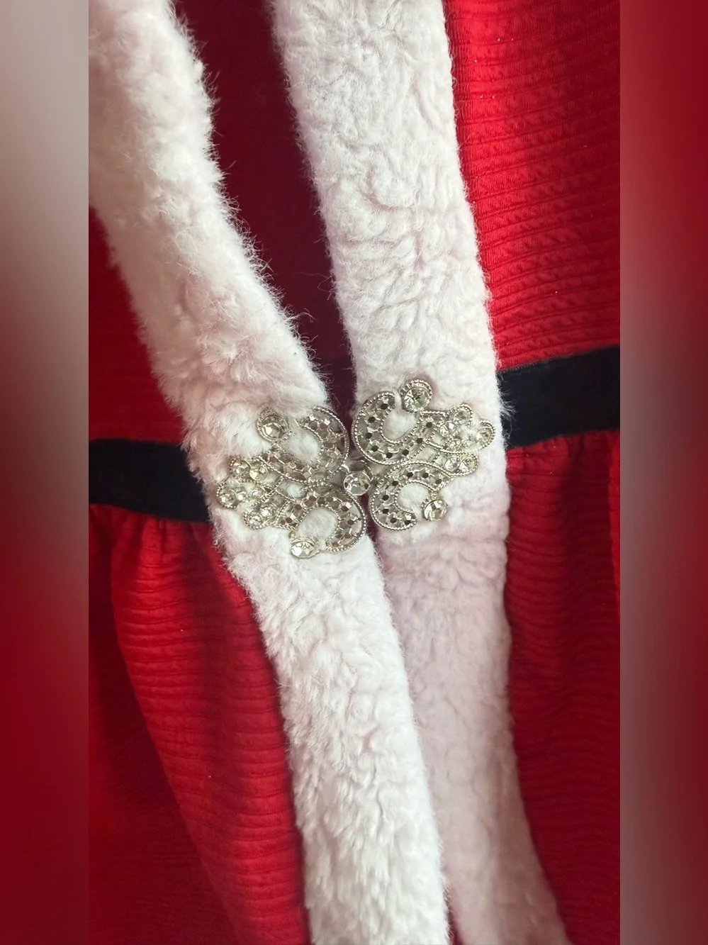 Blueberi Boulevard Red Coat with White Faux-Fur Trim and Jeweled Clasp
